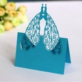 Elegant laser-cut peacock heart seat card in blue for wedding table decorations - Sky Blue