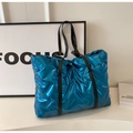 Minimalist metallic blue quilted tote bag with large capacity and black straps - Blue