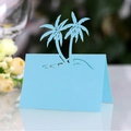 Light blue laser cut palm tree place card for beach wedding table settings - Tiffany Blue