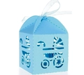 Hollow-out baby stroller candy box in light blue paper with white silk ribbon - Sky Blue