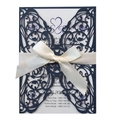 Navy blue laser cut wedding invitation with cream ribbon bow and S&S logo detail - Dark Blue