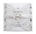 Invitation de mariage élégante blanc perle avec découpe laser rose et nœud en satin - Blanc