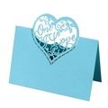 Laser cut light blue heart place card with One Love text and vine patterns for wedding table - Tiffany Blue