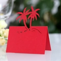 Red laser-cut coconut tree place card for weddings with a vertical fold design - Pearlescent Red