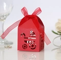 Red laser-cut hollow baby carriage candy box with ribbon for baby shower party - Pearlescent Red