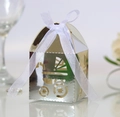 Hollow baby carriage candy box in silver metallic finish with white ribbon bow - Reflective Silver