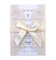 Elegant laser cut wedding invitation card with ribbon bow and intricate floral lace detail - Starry White