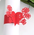 Red laser-cut paper napkin ring with rose patterns and heart-shaped LOVE engraving - Pearlescent Red