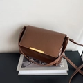 Minimalist vintage brown leather crossbody bag with gold metal trim and adjustable strap - Dark Brown