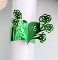 Green metallic laser-cut napkin ring with rose and heart pattern and LOVE engraving - Reflective Green
