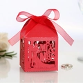 Red laser-cut wedding favor box with Mr & Mrs silhouette and matching satin ribbon - Pearlescent Red