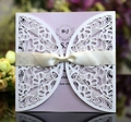Laser cut lace wedding invitation in ivory with pink pearl card and a cream satin bow - White with Lavender