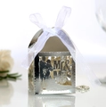 Silver laser-cut Mr & Mrs wedding candy gift box with white ribbon and mirror reflection - Reflective Silver