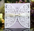 Laser cut wedding invitation in ivory white with pink insert and champagne ribbon bow - White with Lavender