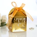 Elegant gold laser-cut wedding favor box with Mr & Mrs silhouette and satin ribbon tie - Reflective Gold
