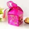 Rose red metallic laser-cut wedding candy box with Mr & Mrs hollow design and ribbon - Reflective Rose Red