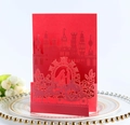 3D pop up red wedding invitation card featuring elegant pumpkin carriage and castle - Pearlescent Red