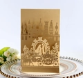 Champagne gold laser-cut wedding invitation with elegant castle and carriage motifs - Beige Gold