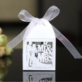Elegant white laser-cut wedding favor box with Mr & Mrs silhouette and white ribbon bow - White