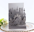 Silver grey 3D laser cut wedding invitation with elegant castle and carriage design - Silver Charcoal