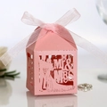 Elegant pink laser cut wedding favor box with Mr & Mrs silhouette and ribbon bow - Pink