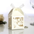 Elegant cream wedding favor box with laser-cut Mr & Mrs design and white organza ribbon - Ivory