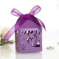 Purple laser-cut hollow wedding favor box with Mr & Mrs silhouette and silk ribbon - Dark Purple