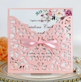 Faire-part de mariage rose découpé au laser avec carte florale et élégant nœud en satin - Rose