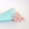 Elegant light blue laser-cut wedding confetti cone with intricate heart and floral patterns - Light Blue