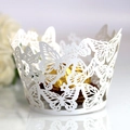 Elegant white laser cut butterfly cupcake wrapper with intricate floral hollow design - Butterfly Hollow Style (WB-45T) / White