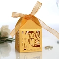 Golden laser-cut wedding candy box with Mr & Mrs silhouette and orange ribbon - Gold Yellow
