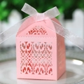 Pink laser-cut floral candy box with white ribbon bow for wedding gift packaging - Standard Type / Pink