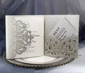 Elegant laser cut white wedding invitation with floral pattern and RSVP insert card - Silver