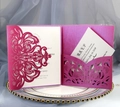 Deep pink laser cut wedding invitation set with elegant floral hollow patterns and cards - Purplish Red