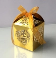 Elegant gold laser-cut candy box featuring love birds and heart tree for wedding gifts - Reflective Gold