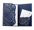 Élégante invitation de mariage bleu marine découpée au laser avec pochette et carte - Bleu Magique