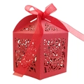 Red laser-cut rose hollow candy box with ribbon bow for weddings and party favors - Pearlescent Red