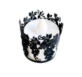 Elegant LED tea light candle with black laser-cut grape vine pattern decorative sleeve - Black Khaki