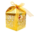 Golden laser-cut wedding favor box with floral patterns and a matching ribbon bow - Reflective Gold