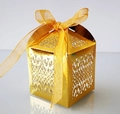 Laser-cut golden candy gift box with elegant organza ribbon and hollow floral pattern - Reflective Gold