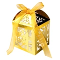 Golden laser-cut carriage wedding candy box with Love motif and organza ribbon bow - Reflective Gold