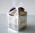 Golden laser-cut wedding favor box with intricate hollow pattern and white ribbon - Reflective Silver