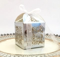 Silver laser-cut hollow gift box with mirror finish and white organza ribbon - Reflective Silver