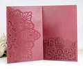 Elegant laser cut burgundy wedding invitation with glitter texture and floral pattern - Dark Red