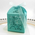 Tiffany blue laser cut hollow gift candy box with delicate floral patterns and ribbon bow - Tiffany Blue