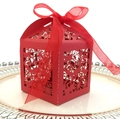Red laser-cut gift box with bird pattern and matching ribbon for wedding favors - Pearlescent Red