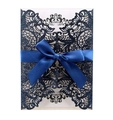 Glittery dark blue laser cut wedding invitation with white insert and satin ribbon bow - Glitter Dark Blue