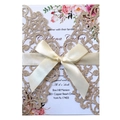 Laser cut glitter gold hollow wedding invitation with white ribbon and rose design - Glitter Rose Gold