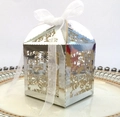Laser-cut silver mirror candy box with floral patterns and a white organza ribbon bow - Reflective Silver