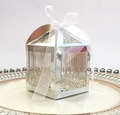Silver laser-cut candy box with hollow rose pattern and white organza ribbon - With White Ribbon / Reflective Silver